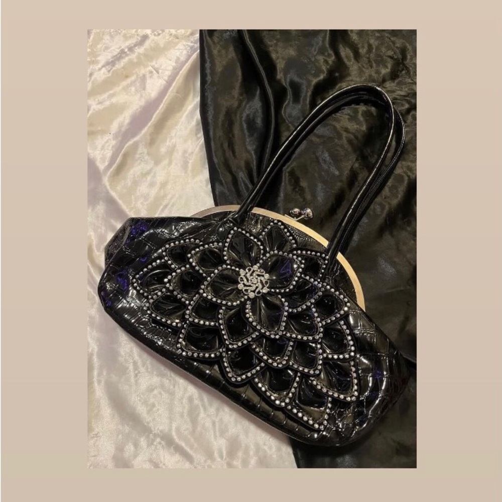 JULIA & MICHEAL Black Vinyl Snakeskin Purse w/ Unique Rhinestone Flower Design!
